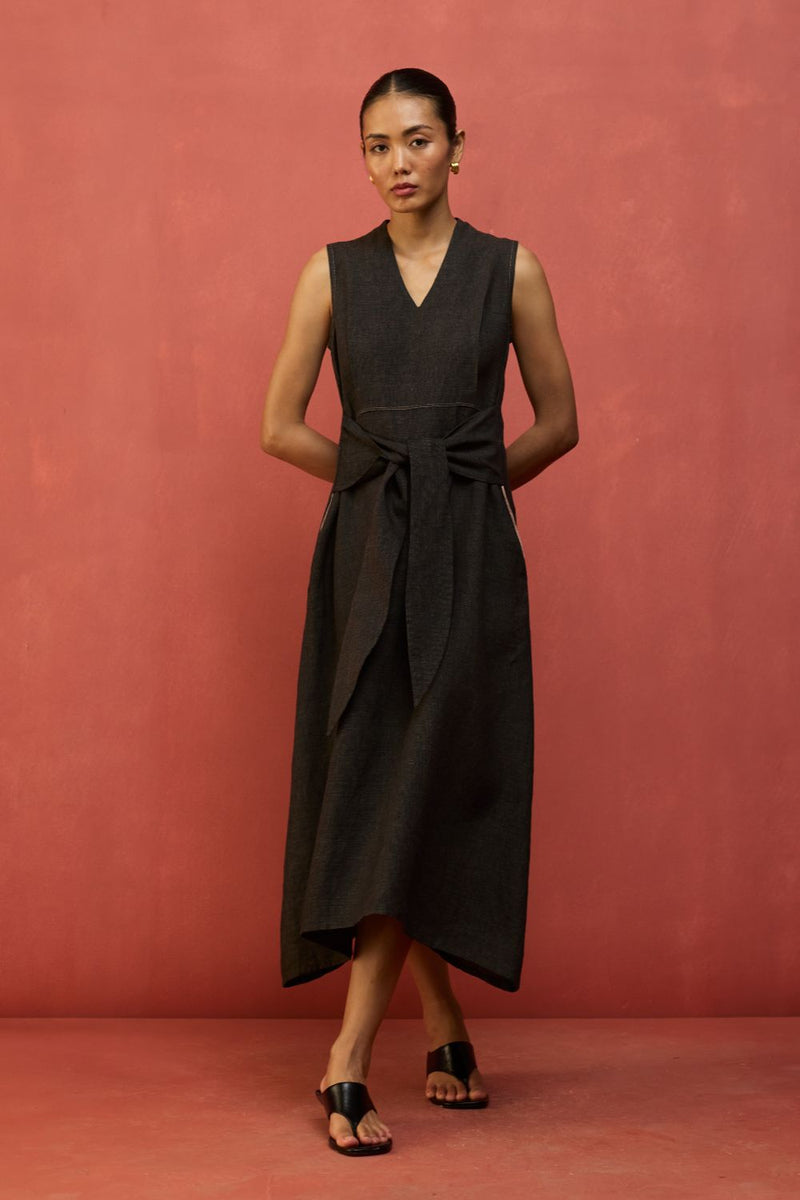 Tako Sleeveless Linen Knot Dress - Charcoal linen by Manan in charcoal color for women Worldwide