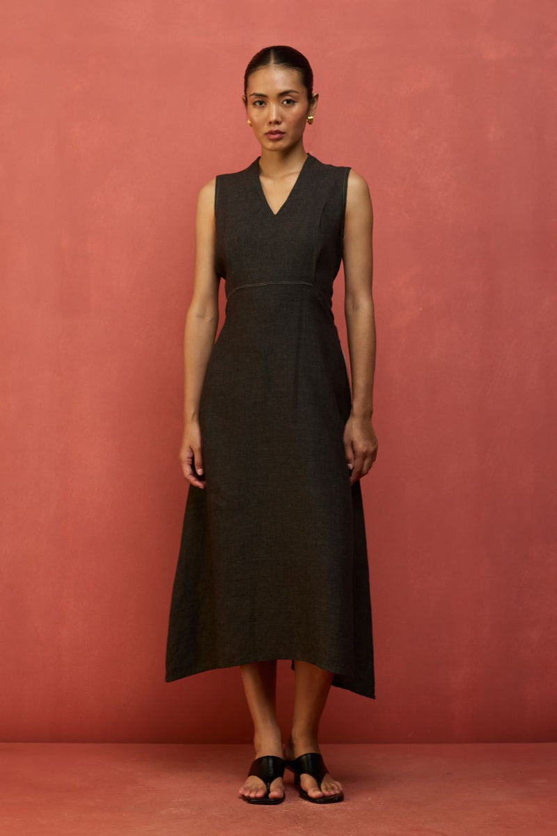 Tako Sleeveless Linen Knot Dress - Charcoal linen by Manan in charcoal color for women Worldwide