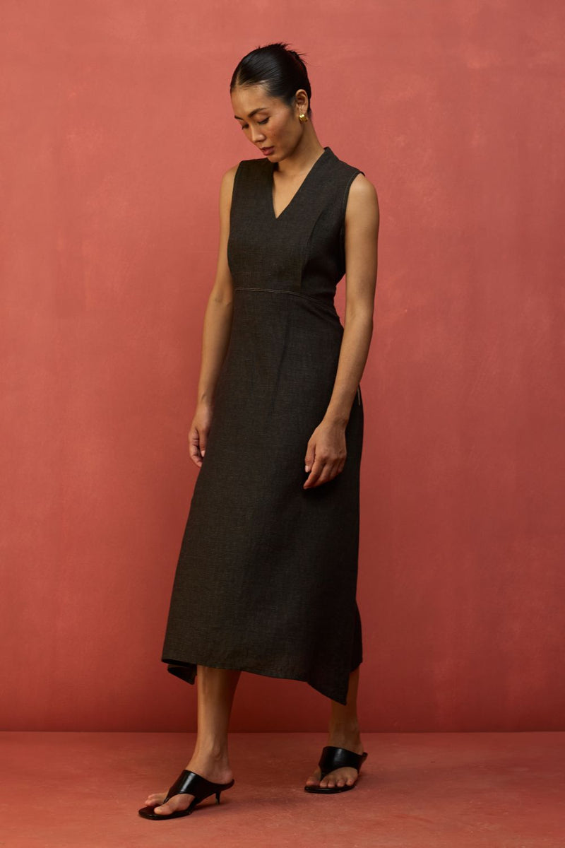 Tako Sleeveless Linen Knot Dress - Charcoal linen by Manan in charcoal color for women Worldwide