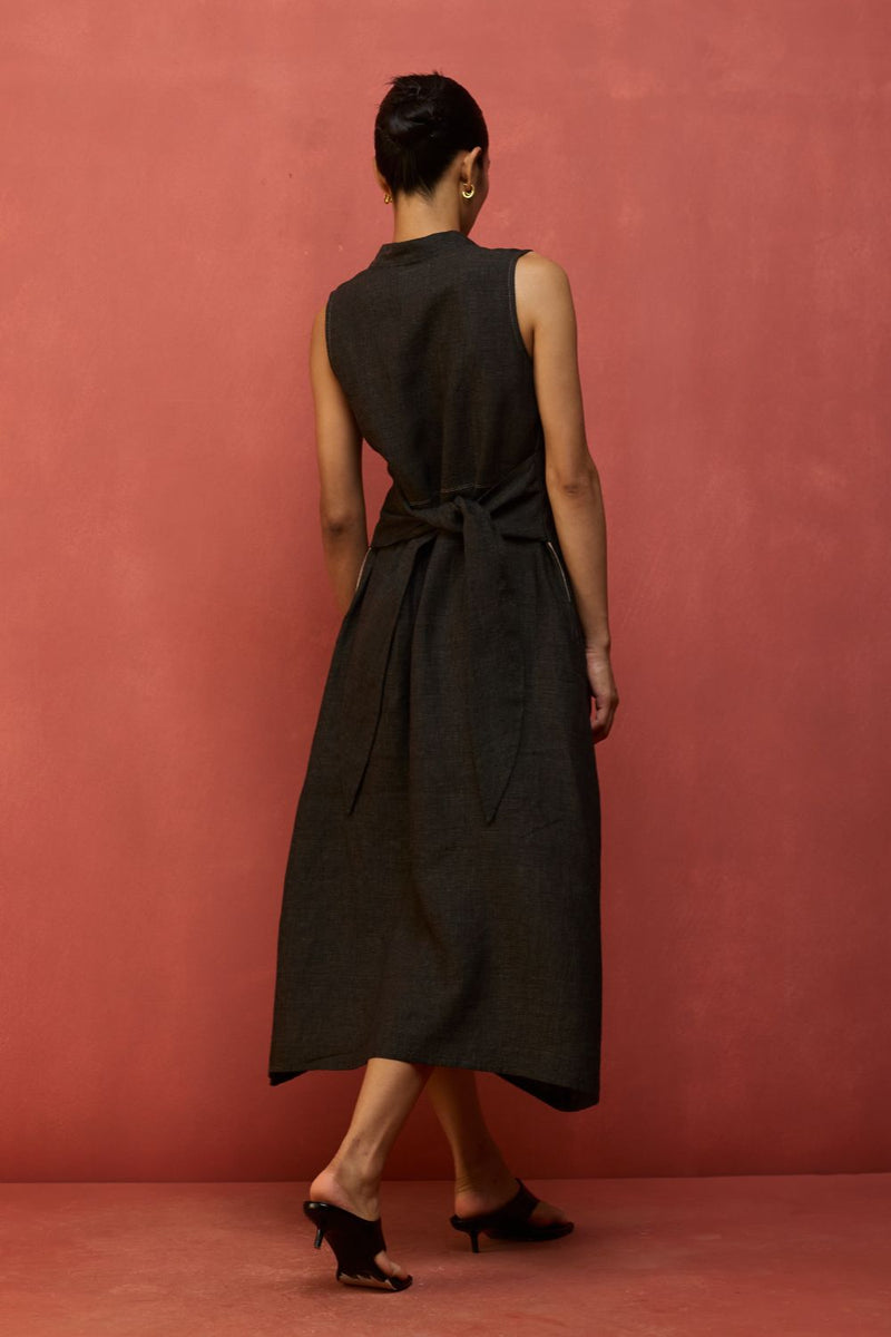 Tako Sleeveless Linen Knot Dress - Charcoal linen by Manan in charcoal color for women Worldwide