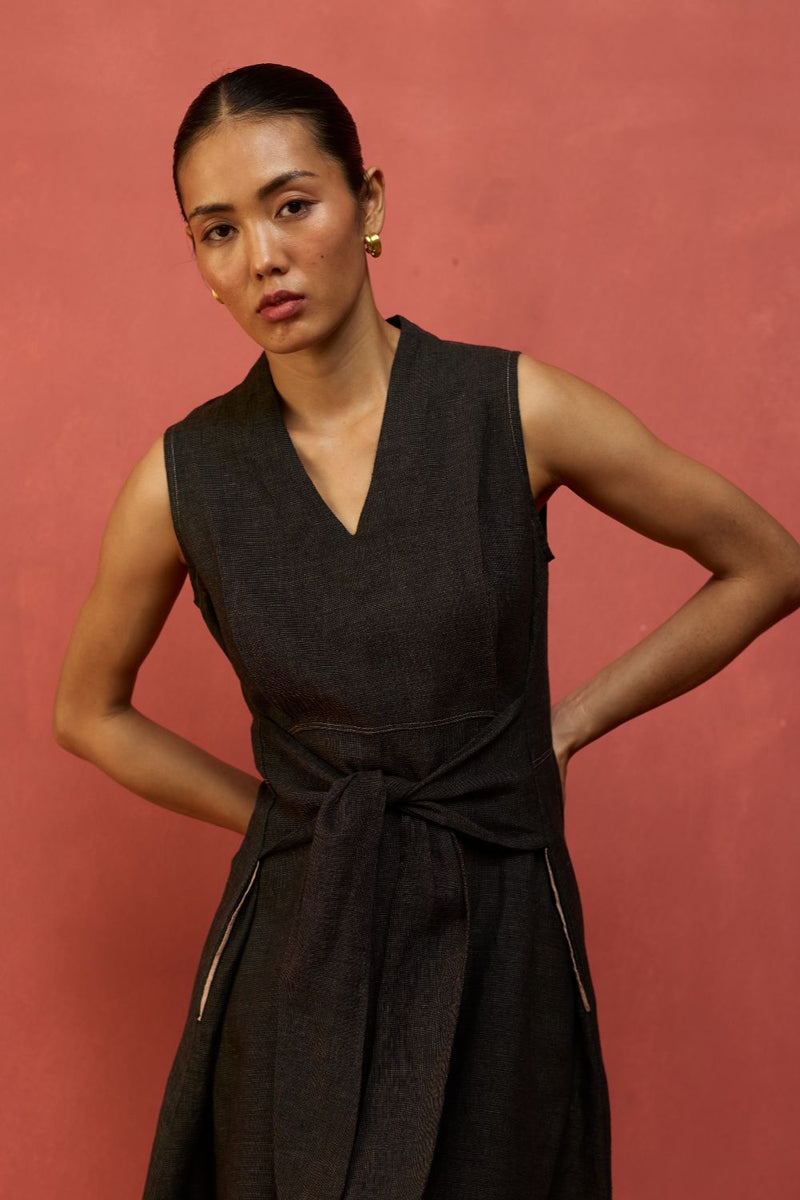 Tako Sleeveless Linen Knot Dress - Charcoal linen by Manan in charcoal color for women Worldwide