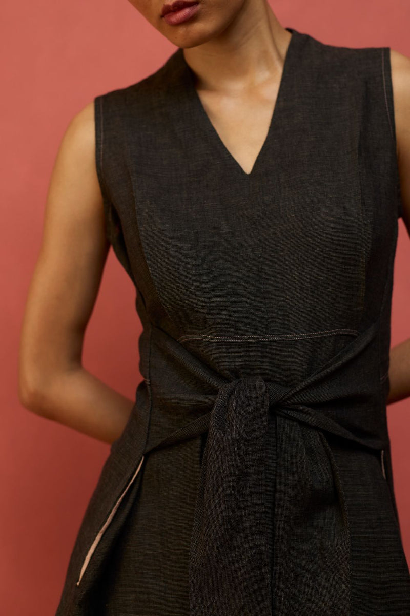 Tako Sleeveless Linen Knot Dress - Charcoal linen by Manan in charcoal color for women Worldwide