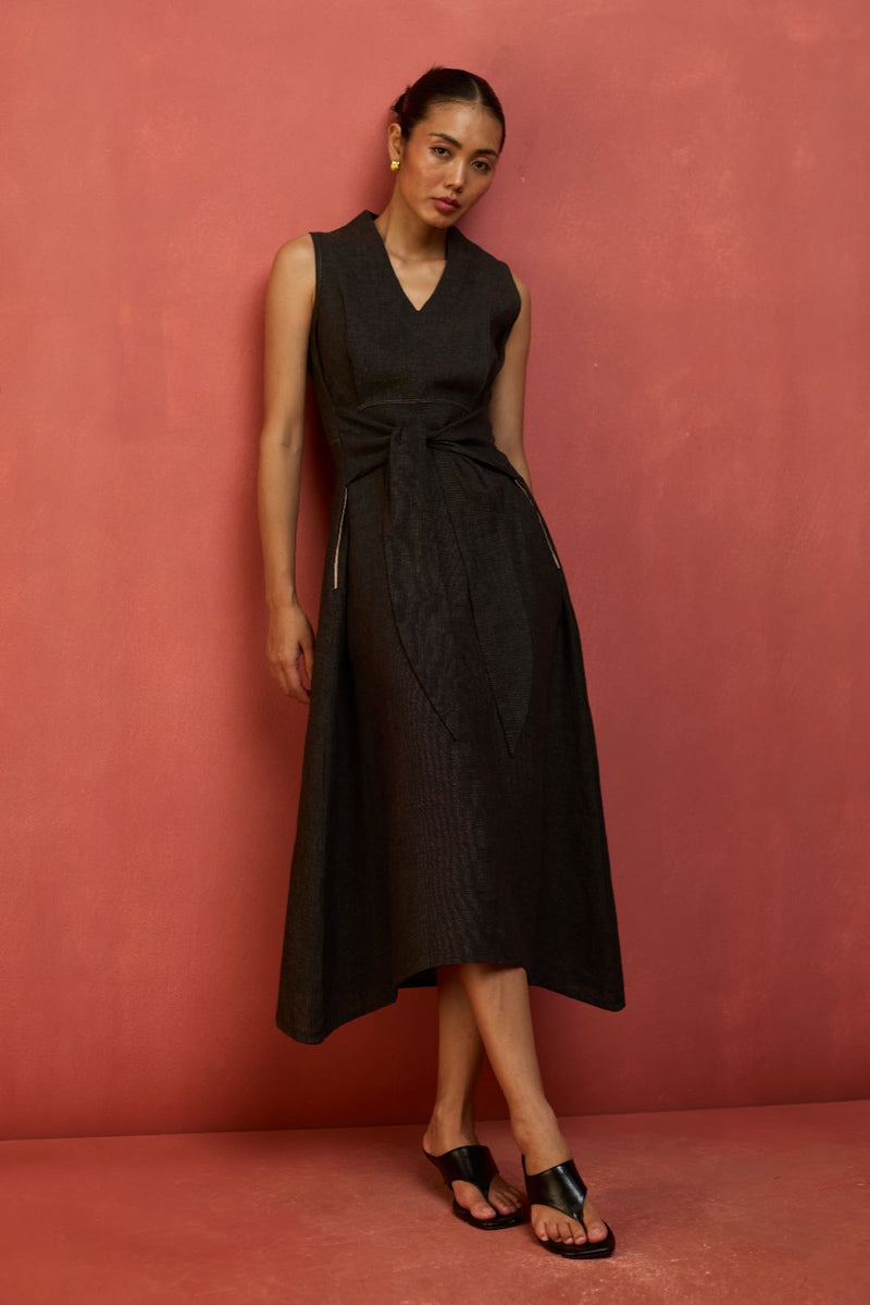 Tako Sleeveless Linen Knot Dress - Charcoal linen by Manan in charcoal color for women Worldwide