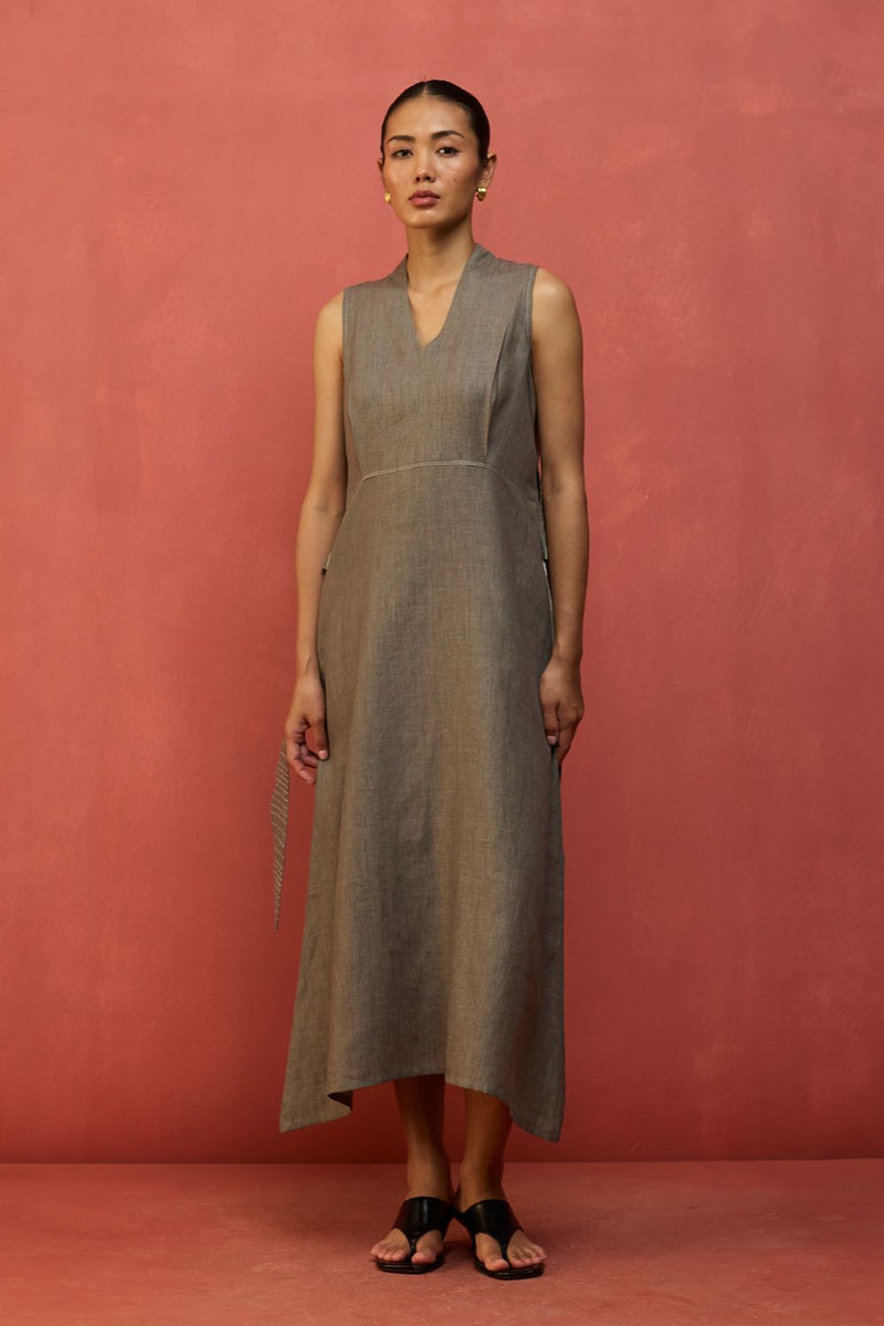 Tako Sleeveless Linen Knot Dress - Grey linen by Manan in grey color for women Worldwide