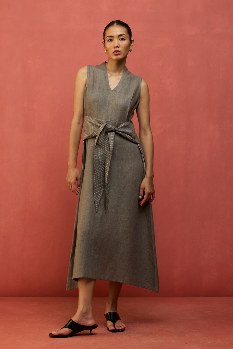 Tako Sleeveless Linen Knot Dress - Grey linen by Manan in grey color for women Worldwide
