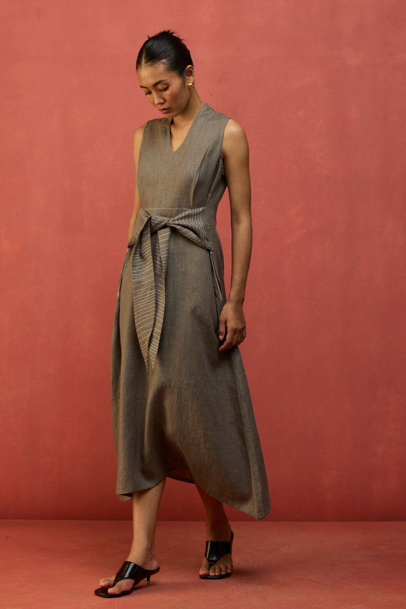 Tako Sleeveless Linen Knot Dress - Grey linen by Manan in grey color for women Worldwide