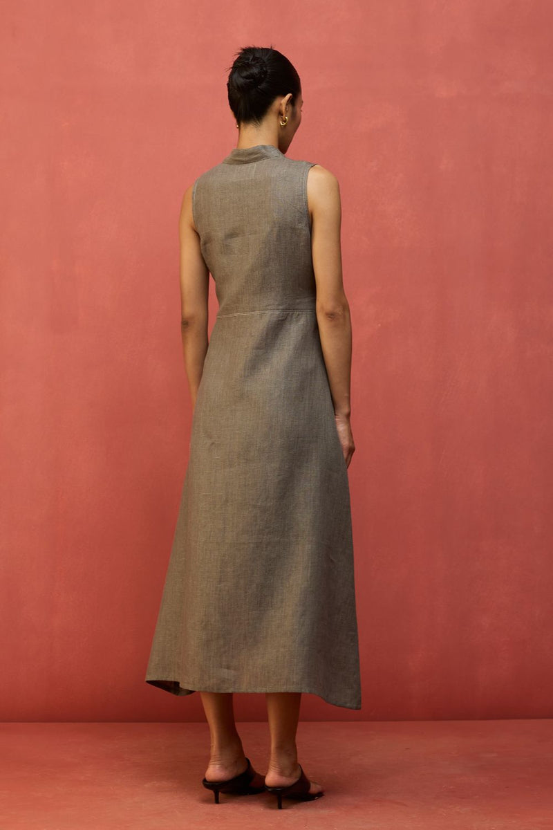 Tako Sleeveless Linen Knot Dress - Grey linen by Manan in grey color for women Worldwide
