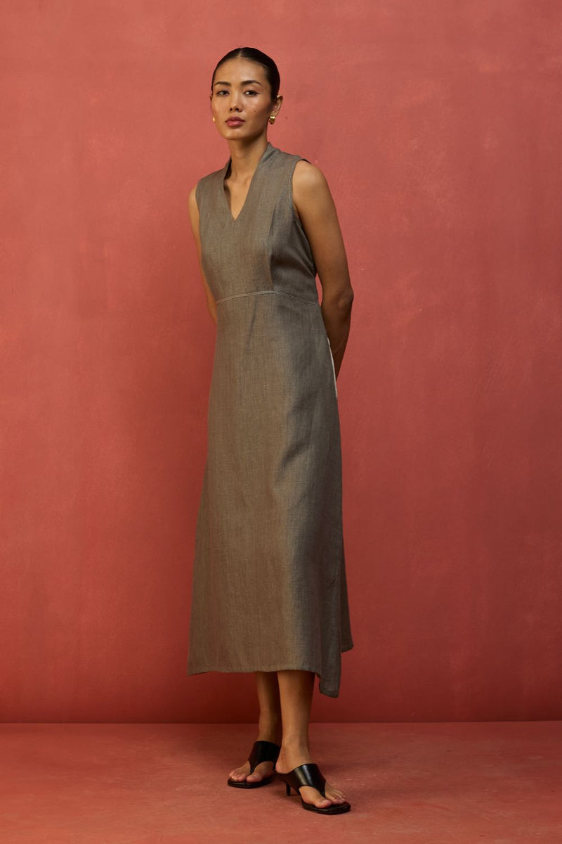 Tako Sleeveless Linen Knot Dress - Grey linen by Manan in grey color for women Worldwide
