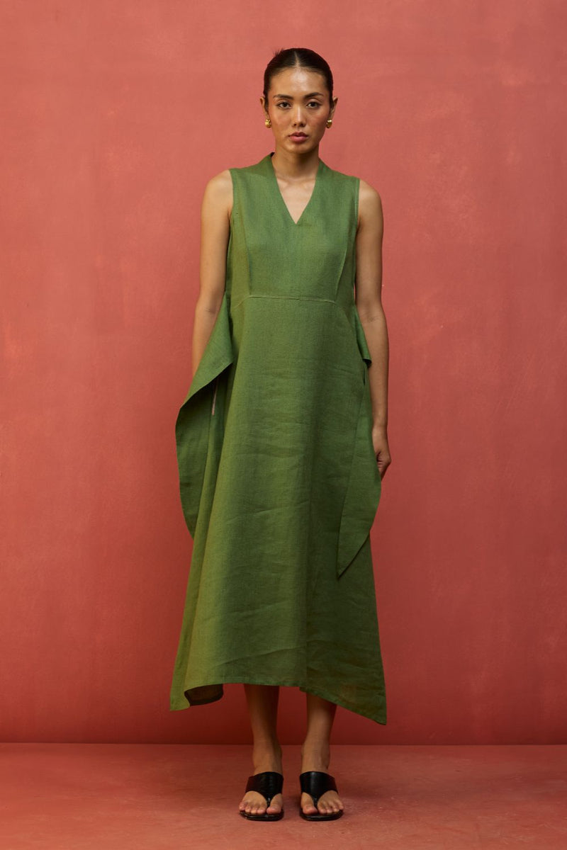Tako Sleeveless Linen Knot Dress - Fern Green linen by Manan in green color for women Worldwide