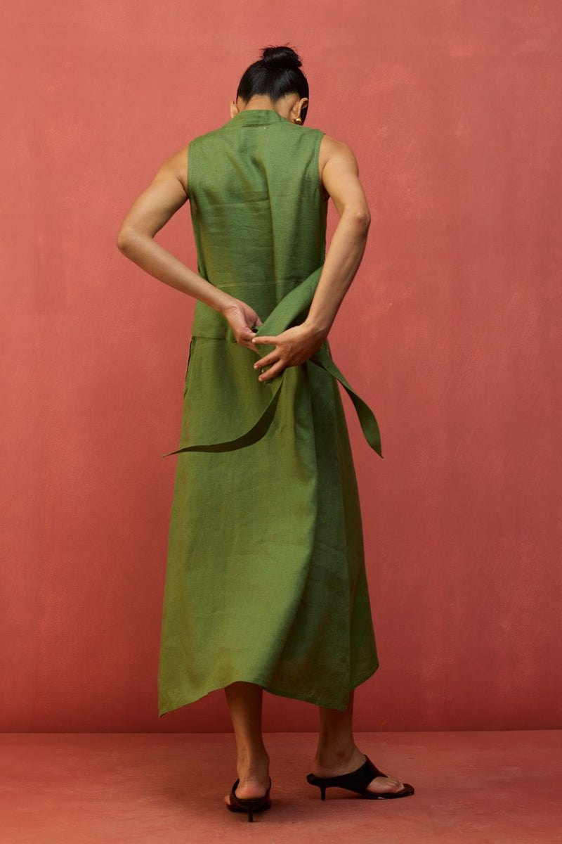 Tako Sleeveless Linen Knot Dress - Fern Green linen by Manan in green color for women Worldwide