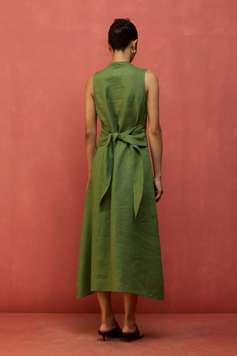 Tako Sleeveless Linen Knot Dress - Fern Green linen by Manan in green color for women Worldwide