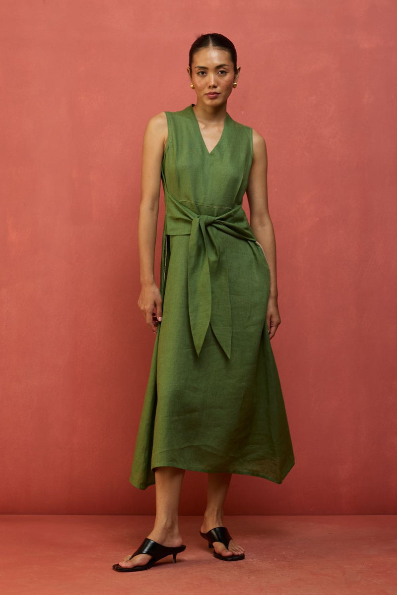 Tako Sleeveless Linen Knot Dress - Fern Green linen by Manan in green color for women Worldwide
