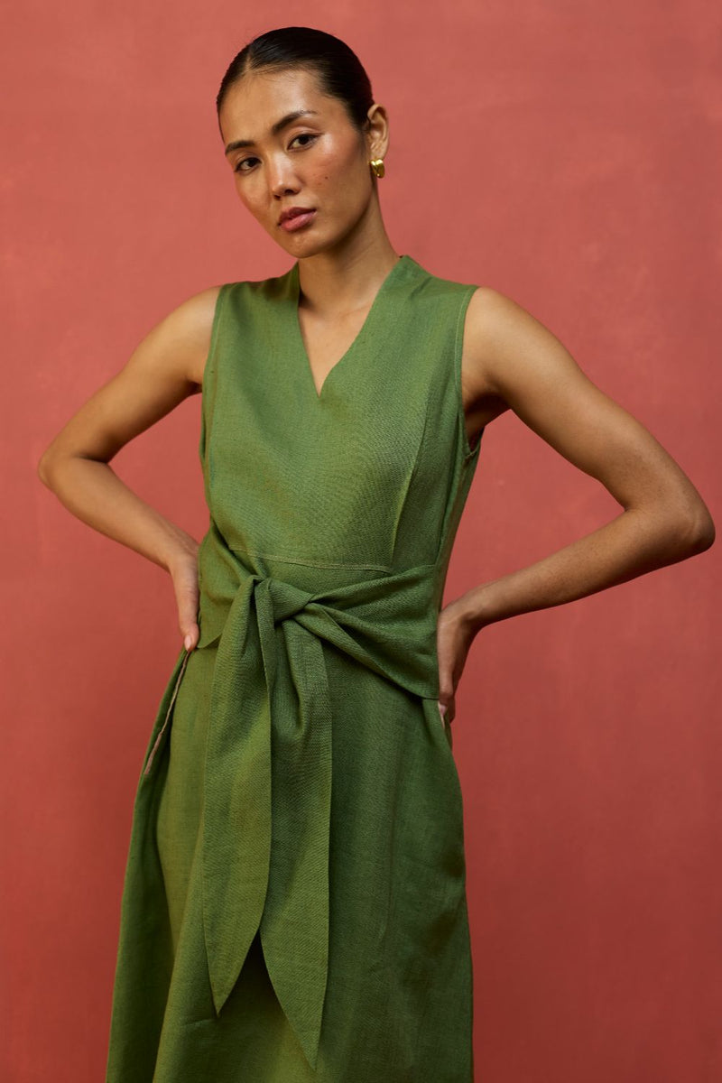 Tako Sleeveless Linen Knot Dress - Fern Green linen by Manan in green color for women Worldwide