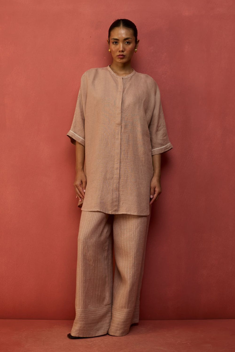 Sumire Curved Hem Linen Top - Dusty Rose linen by Manan in blush color for women Worldwide