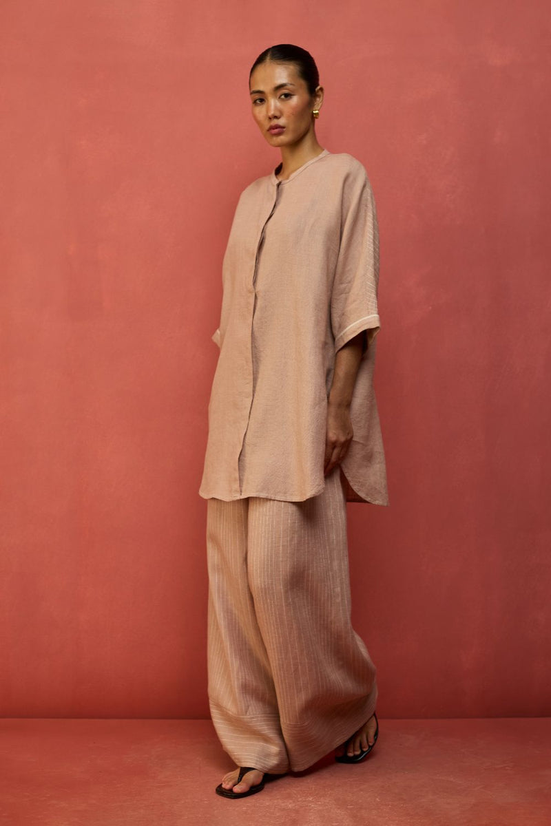 Sumire Curved Hem Linen Top - Dusty Rose linen by Manan in blush color for women Worldwide