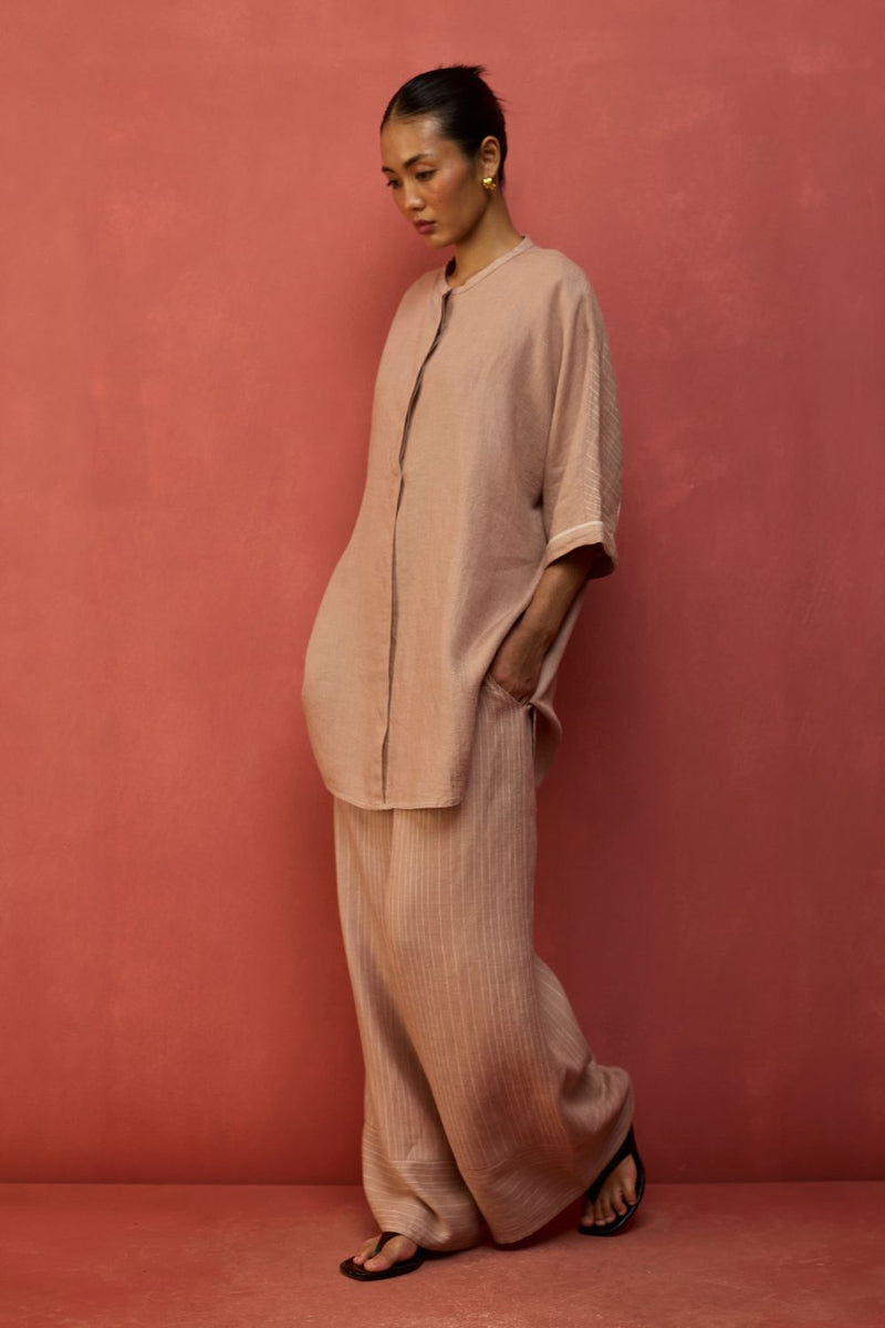 Sumire Curved Hem Linen Top - Dusty Rose linen by Manan in blush color for women Worldwide