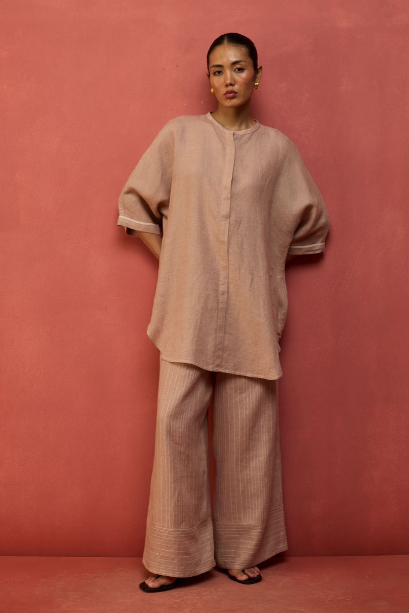 Sumire Curved Hem Linen Top - Dusty Rose linen by Manan in blush color for women Worldwide
