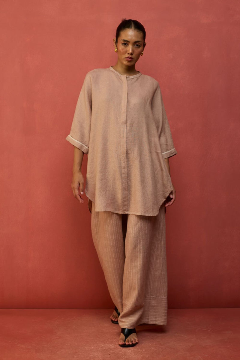 Sumire Curved Hem Linen Top - Dusty Rose linen by Manan in blush color for women Worldwide