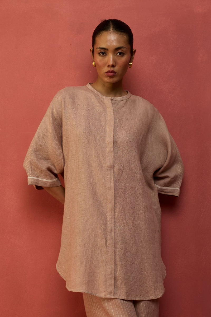 Sumire Curved Hem Linen Top - Dusty Rose linen by Manan in blush color for women Worldwide