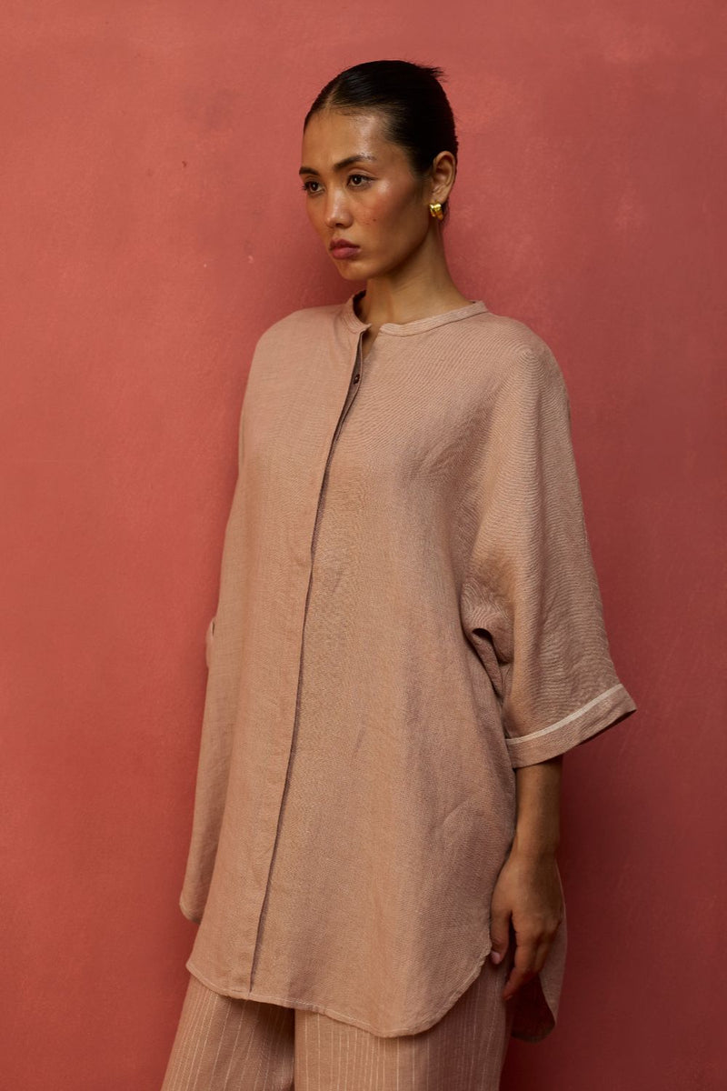 Sumire Curved Hem Linen Top - Dusty Rose linen by Manan in blush color for women Worldwide