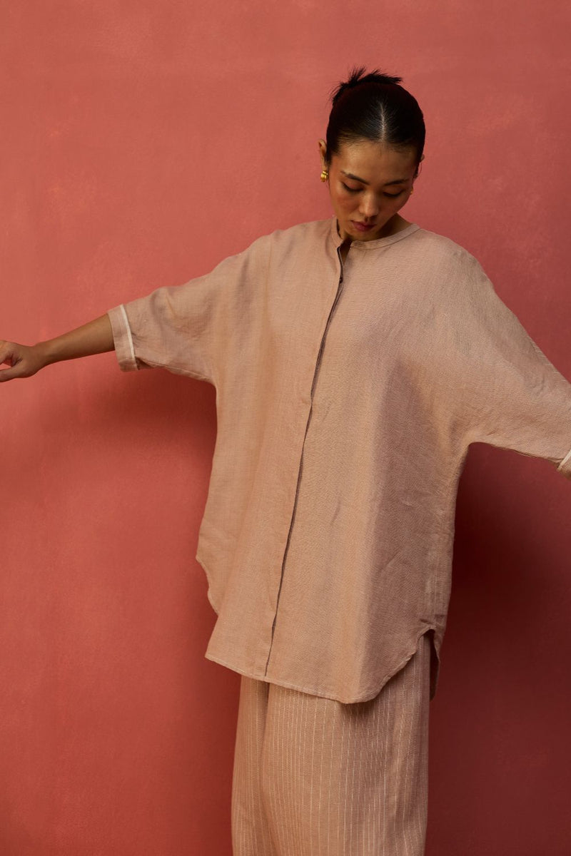 Sumire Curved Hem Linen Top - Dusty Rose linen by Manan in blush color for women Worldwide