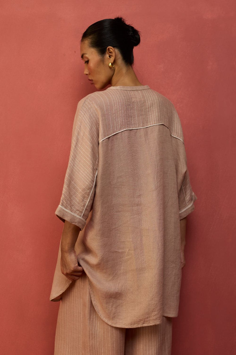 Sumire Curved Hem Linen Top - Dusty Rose linen by Manan in blush color for women Worldwide