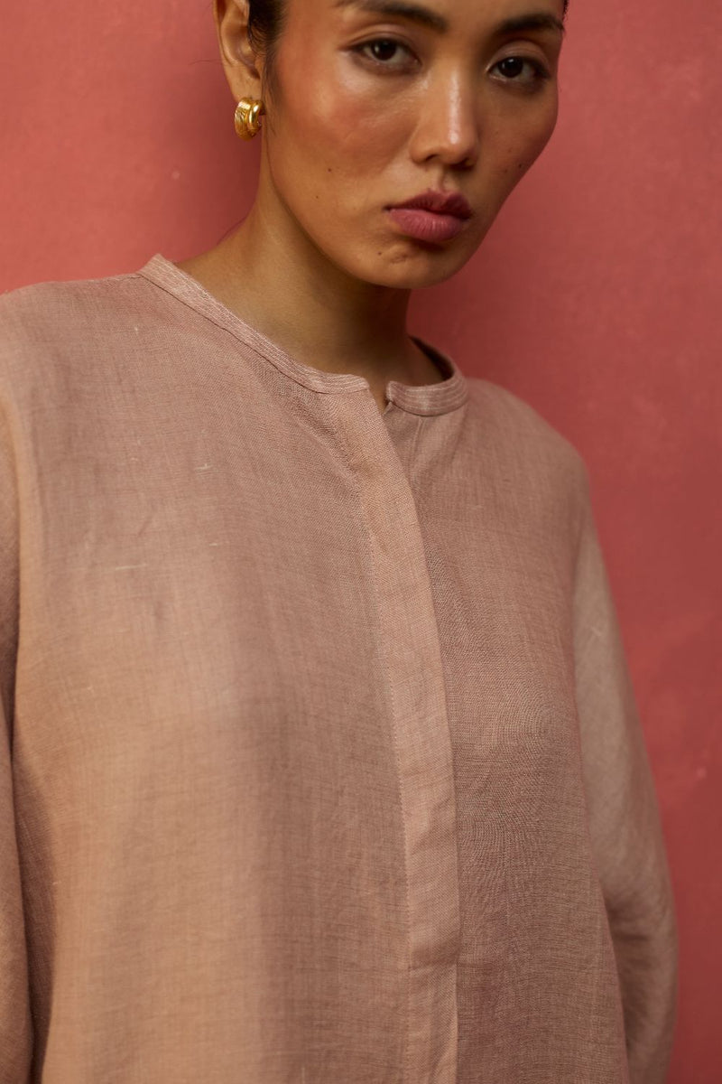 Sumire Curved Hem Linen Top - Dusty Rose linen by Manan in blush color for women Worldwide