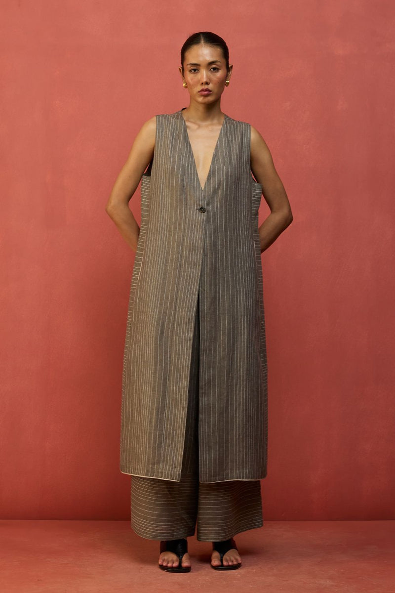 Misato Strip Linen Overlay - Grey by Manan for Worldwide