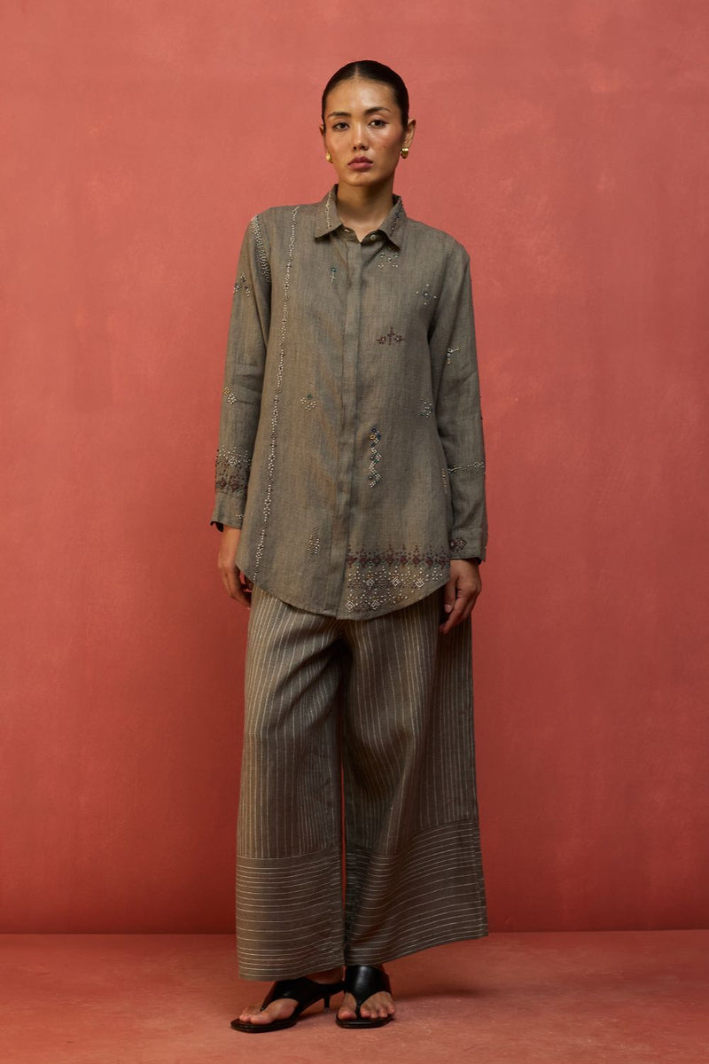 Kira Hand-Embroidered Linen Shirt - Grey by Manan for Worldwide