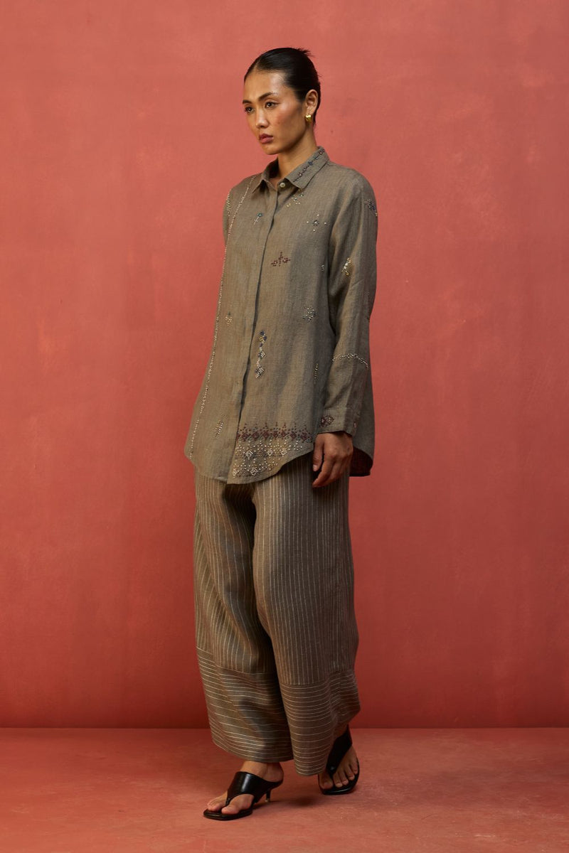 Kira Hand-Embroidered Linen Shirt - Grey by Manan for Worldwide