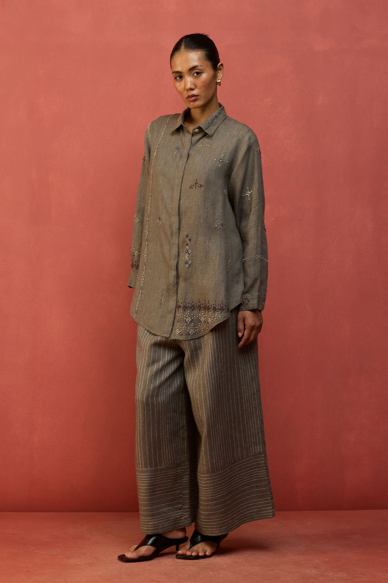 Kira Hand-Embroidered Linen Shirt - Grey by Manan for Worldwide