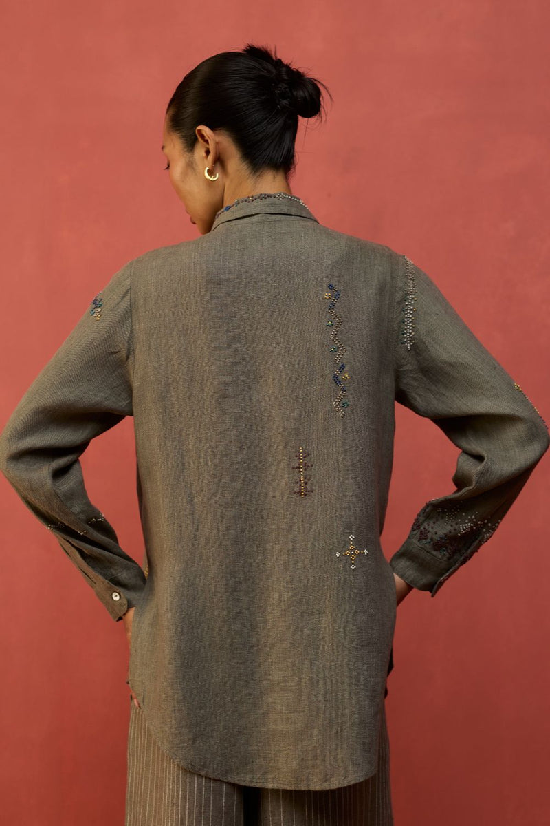 Kira Hand-Embroidered Linen Shirt - Grey by Manan for Worldwide