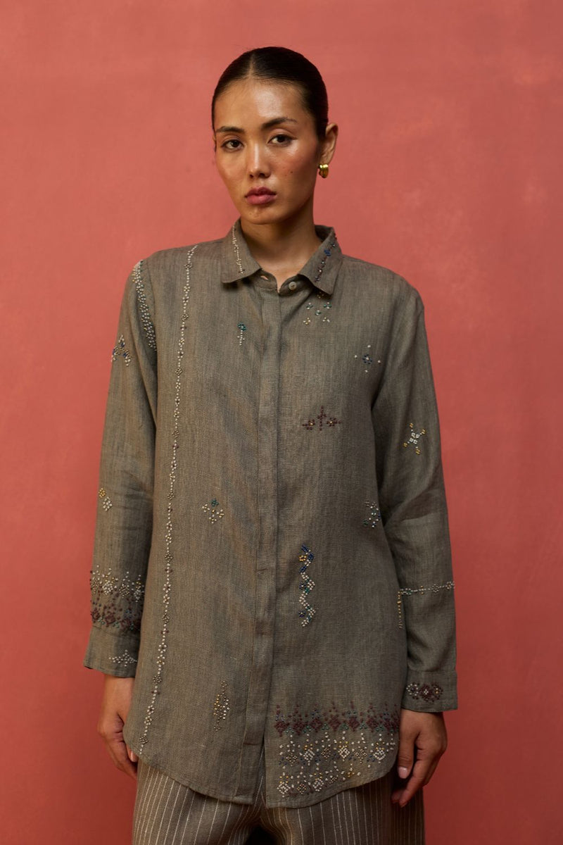 Kira Hand-Embroidered Linen Shirt - Grey by Manan for Worldwide