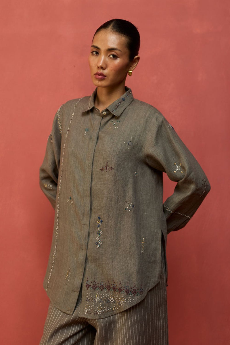 Kira Hand-Embroidered Linen Shirt - Grey by Manan for Worldwide