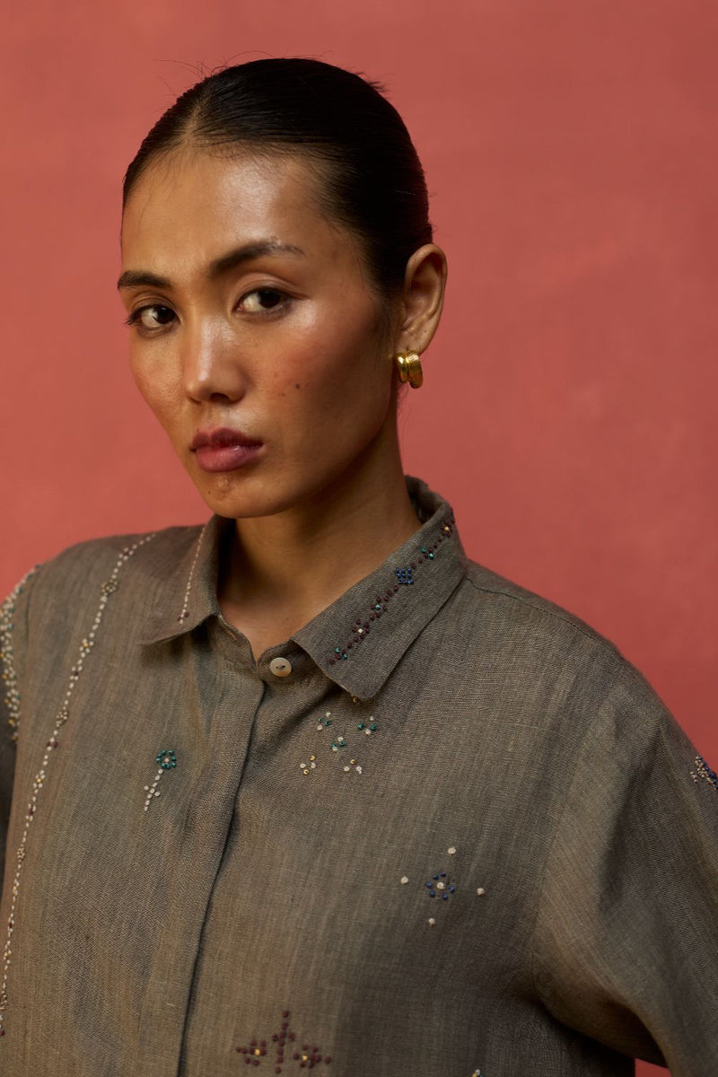 Kira Hand-Embroidered Linen Shirt - Grey by Manan for Worldwide