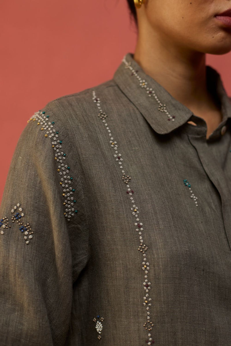 Kira Hand-Embroidered Linen Shirt - Grey by Manan for Worldwide