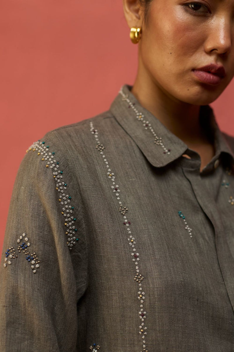 Kira Hand-Embroidered Linen Shirt - Grey by Manan for Worldwide