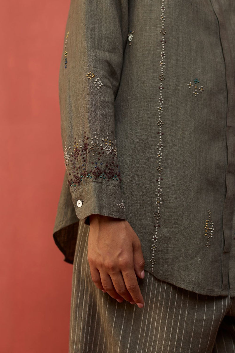 Kira Hand-Embroidered Linen Shirt - Grey by Manan for Worldwide