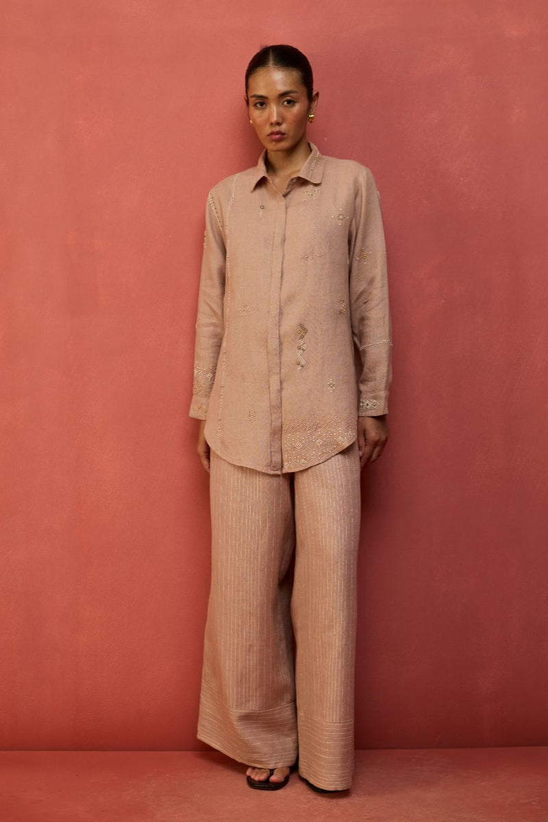 Kira Hand-Embroidered Linen Shirt - Dusty Rose by Manan for Worldwide