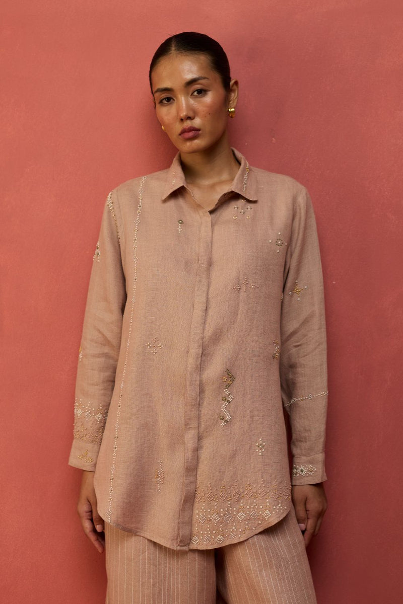 Kira Hand-Embroidered Linen Shirt - Dusty Rose by Manan for Worldwide