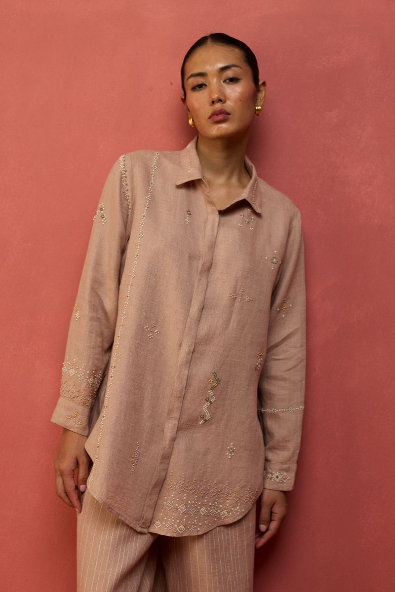 Kira Hand-Embroidered Linen Shirt - Dusty Rose by Manan for Worldwide