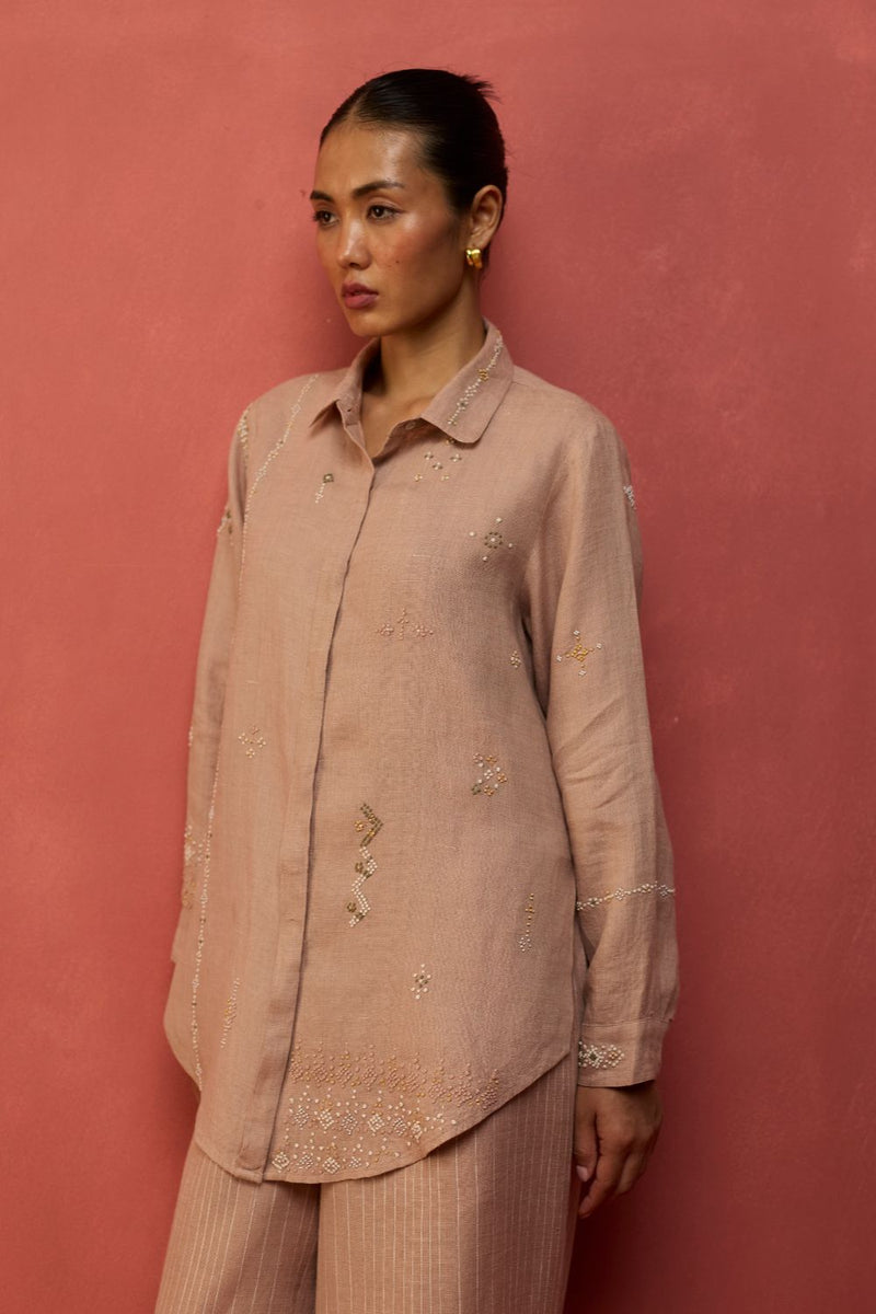 Kira Hand-Embroidered Linen Shirt - Dusty Rose by Manan for Worldwide
