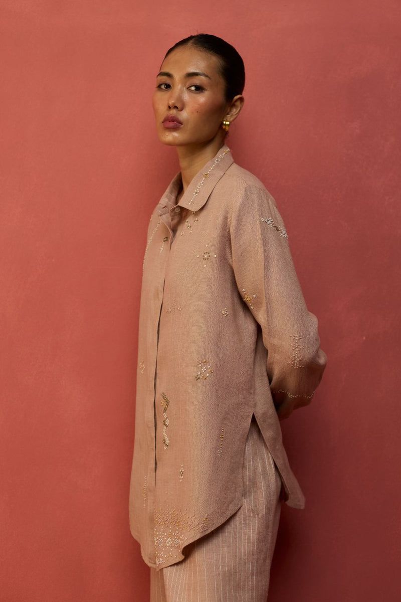 Kira Hand-Embroidered Linen Shirt - Dusty Rose by Manan for Worldwide
