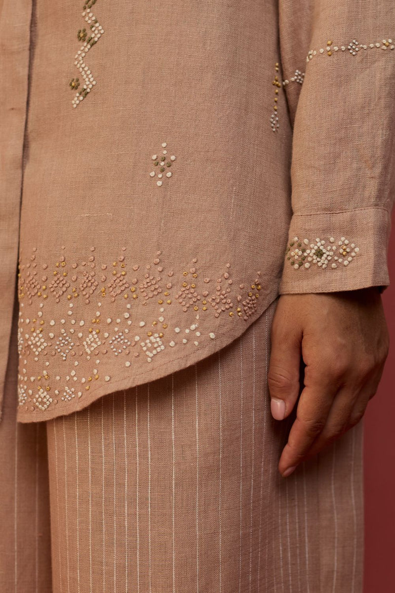 Kira Hand-Embroidered Linen Shirt - Dusty Rose by Manan for Worldwide