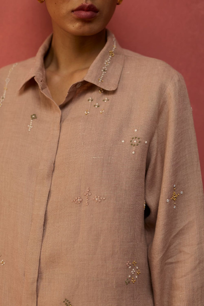 Kira Hand-Embroidered Linen Shirt - Dusty Rose by Manan for Worldwide