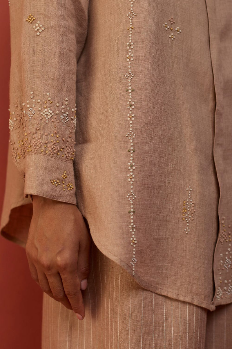 Kira Hand-Embroidered Linen Shirt - Dusty Rose by Manan for Worldwide
