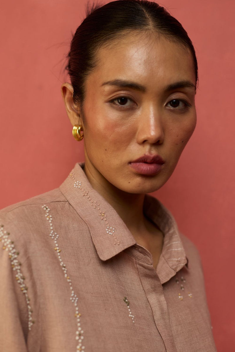 Kira Hand-Embroidered Linen Shirt - Dusty Rose by Manan for Worldwide