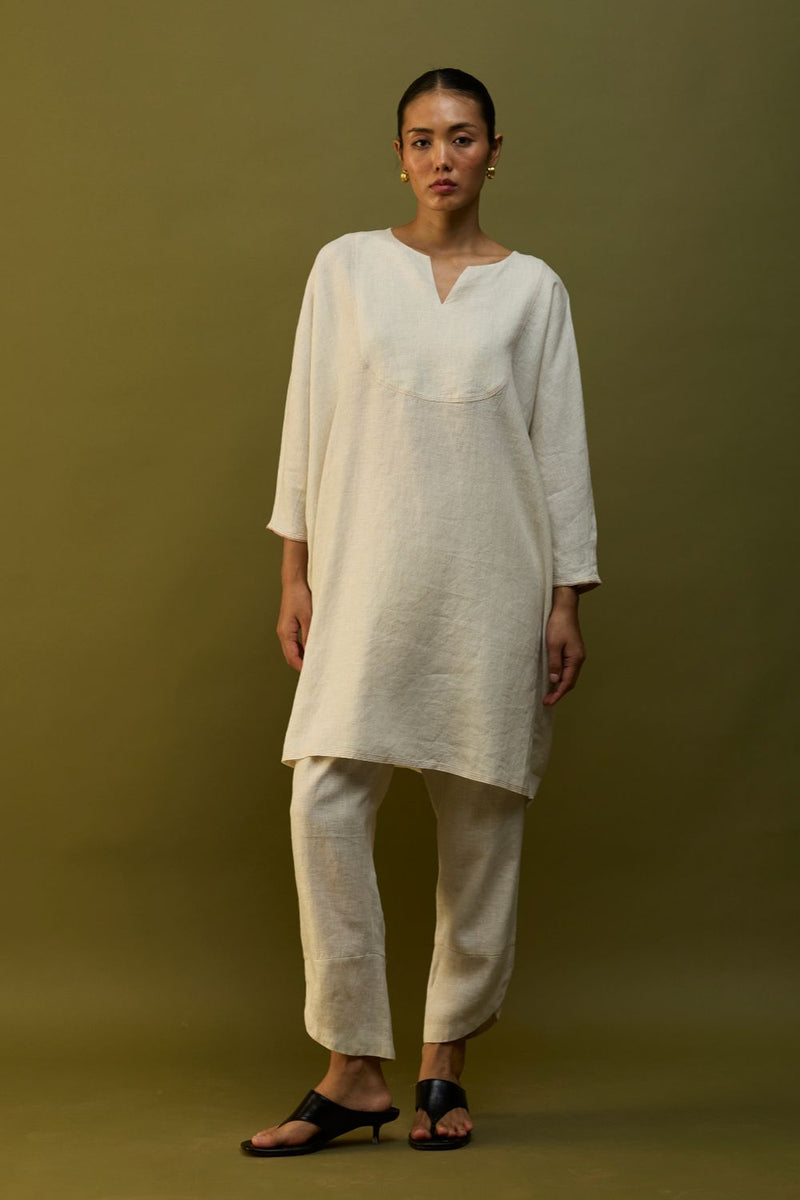 Etsu Yoke Linen Kurta - Off White linen by Manan in ivory color for women Worldwide