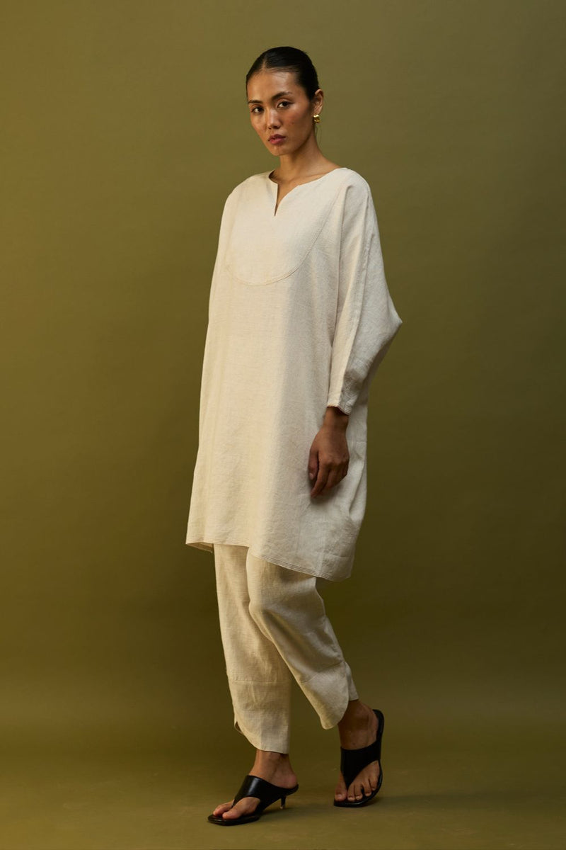 Etsu Yoke Linen Kurta - Off White linen by Manan in ivory color for women Worldwide