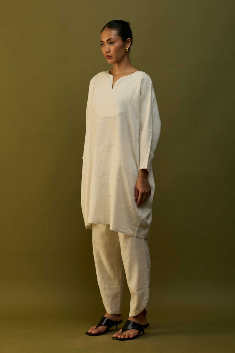 Etsu Yoke Linen Kurta - Off White linen by Manan in ivory color for women Worldwide
